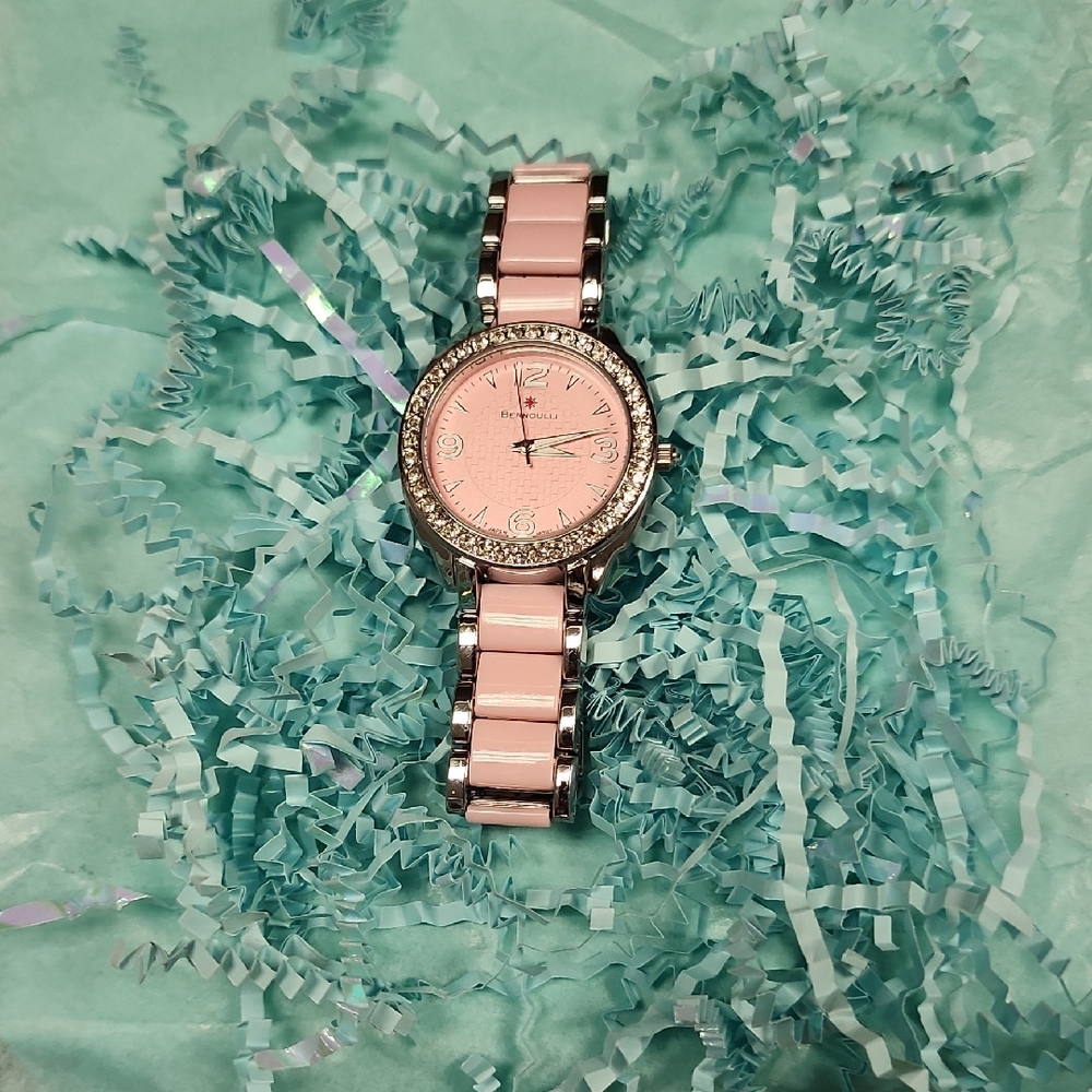 BERNOULLI Chic Pink and Silver Watch with Sparkling Bezel